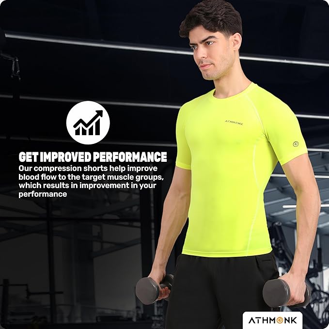 Athmonk Compression T-Shirt Vest Body Shaper Half Sleeve for Men Boys Branded - Nylon Lycra Fabric - Workout Gym Cricket Football Sports Training - Keep Dry Tight Skin Fit - Round Neck